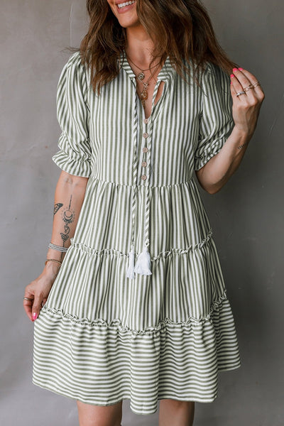 Women's Olive Green Pinstripe Cotton-Blend Tiered Mini Dress
