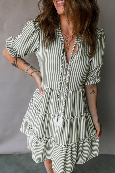 Women's Olive Green Pinstripe Cotton-Blend Tiered Mini Dress