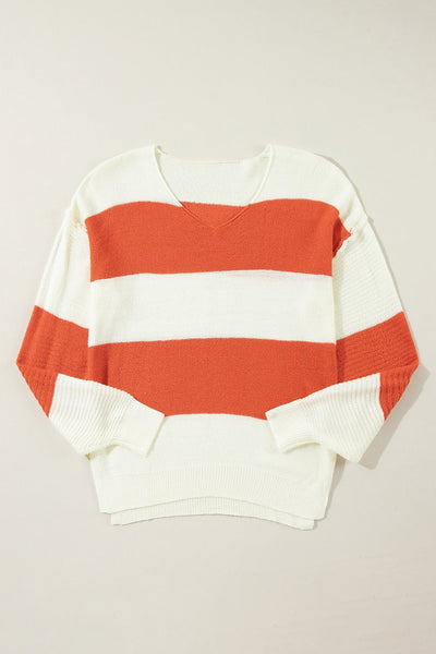 Women's Orange Color Block V-Neck Knit Sweater with Bubble Sleeves