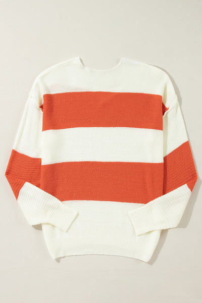 Women's Orange Color Block V-Neck Knit Sweater with Bubble Sleeves