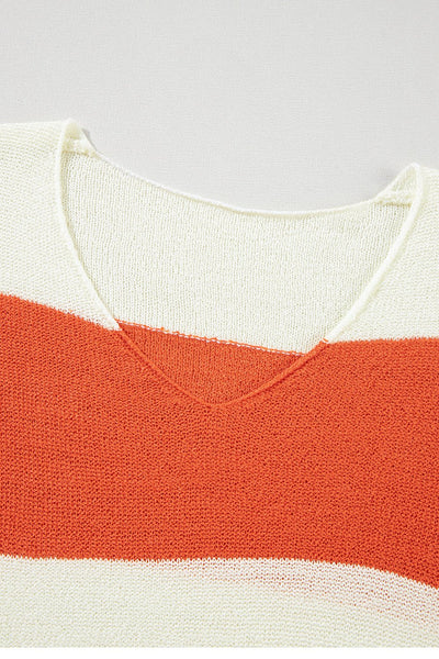 Women's Orange Color Block V-Neck Knit Sweater with Bubble Sleeves