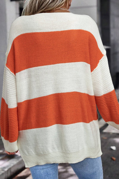 Women's Orange Color Block V-Neck Knit Sweater with Bubble Sleeves