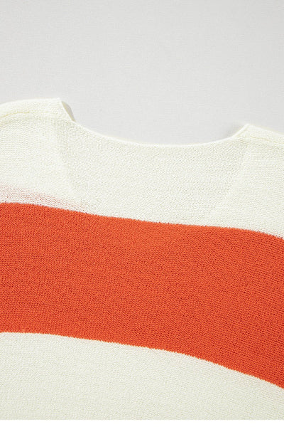 Women's Orange Color Block V-Neck Knit Sweater with Bubble Sleeves