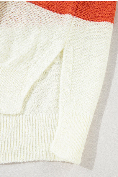 Women's Orange Color Block V-Neck Knit Sweater with Bubble Sleeves