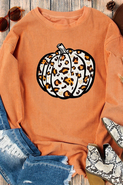Women's Orange Corded Leopard Pumpkin Sweatshirt for Fall