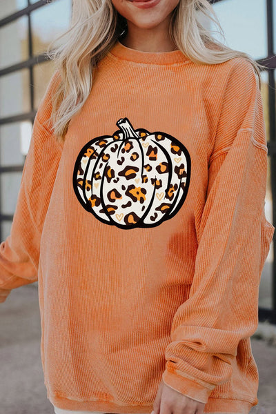 Women's Orange Corded Leopard Pumpkin Sweatshirt for Fall