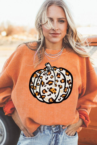 Women's Orange Corded Leopard Pumpkin Sweatshirt for Fall