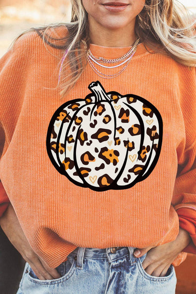 Women's Orange Corded Leopard Pumpkin Sweatshirt for Fall