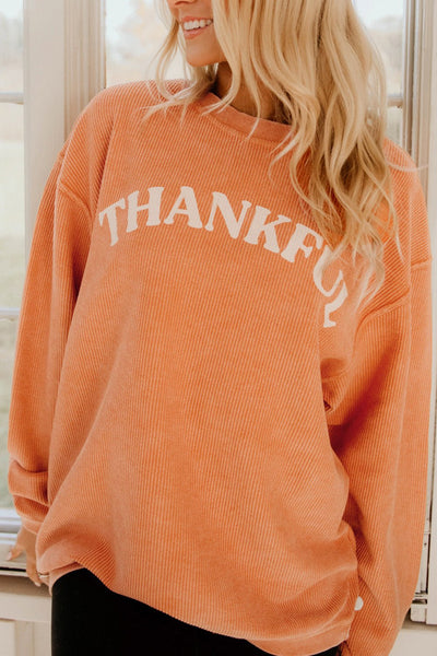 Women's Orange Corded \"Thankful\" Graphic Sweatshirt