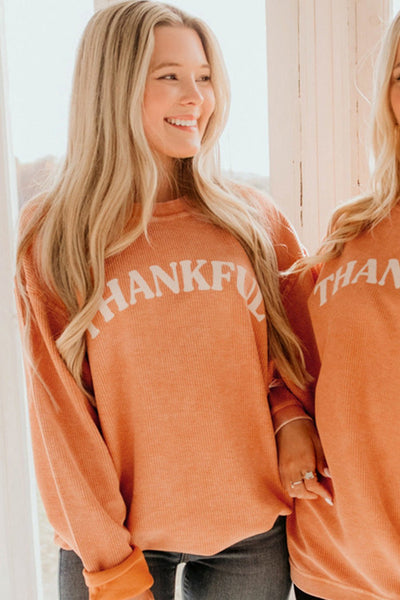 Women's Orange Corded \"Thankful\" Graphic Sweatshirt