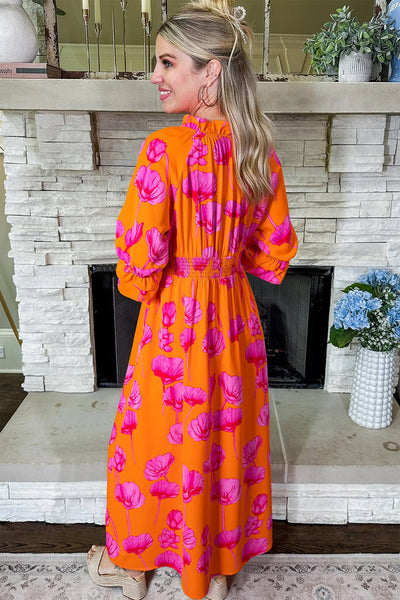 Women's Orange Poppy Print Smocked Maxi Dress with Ruffle Sleeves