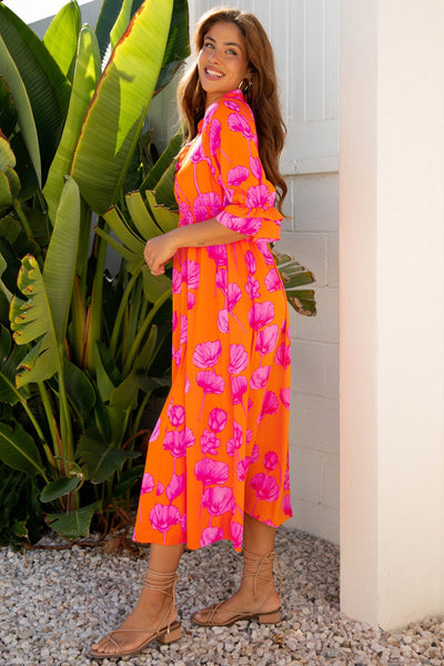 Women's Orange Poppy Print Smocked Maxi Dress with Ruffle Sleeves
