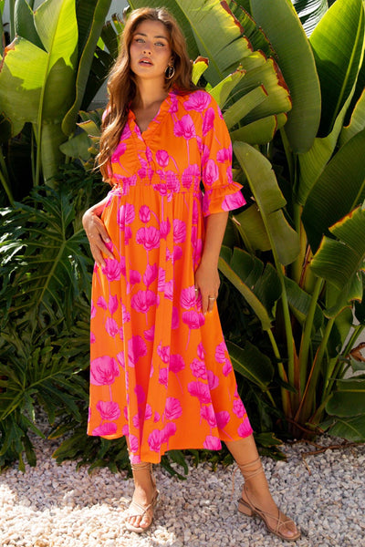 Women's Orange Poppy Print Smocked Maxi Dress with Ruffle Sleeves