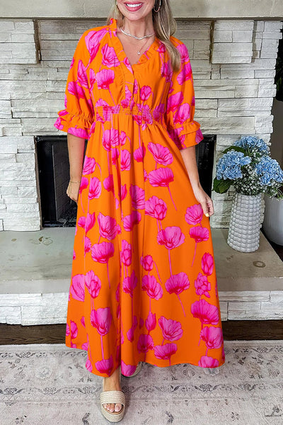 Women's Orange Poppy Print Smocked Maxi Dress with Ruffle Sleeves