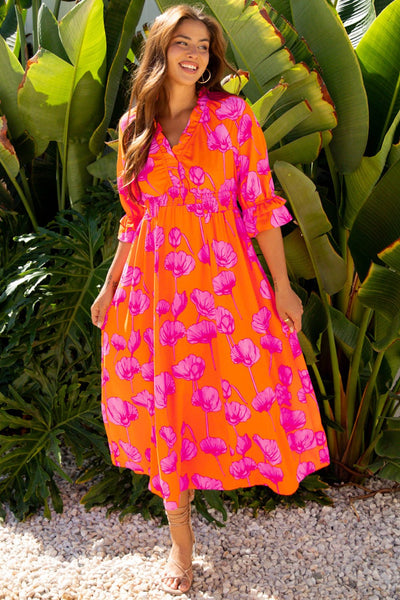 Women's Orange Poppy Print Smocked Maxi Dress with Ruffle Sleeves