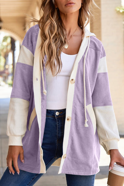 Women's Orchid Petal Color-Block Waffle Knit Button-Front Hoodie