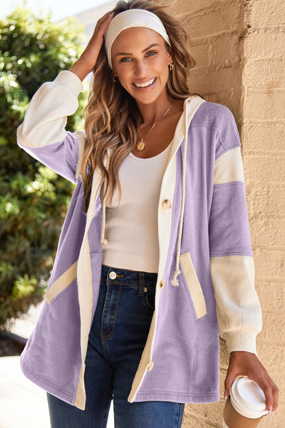 Women's Orchid Petal Color-Block Waffle Knit Button-Front Hoodie