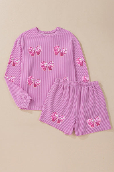 Women's Orchid Ribbed Sequin Bow 2-Piece Short Set