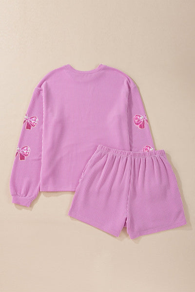 Women's Orchid Ribbed Sequin Bow 2-Piece Short Set