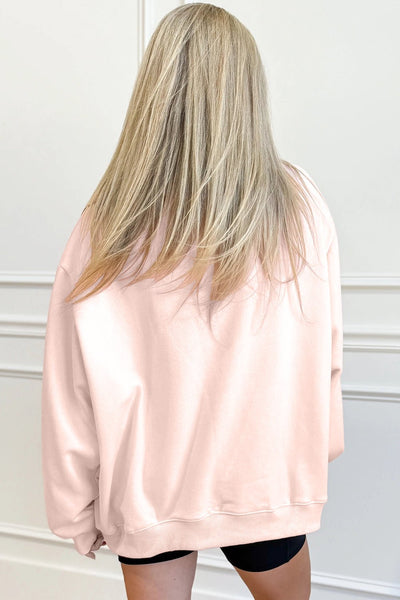 Women's Oversized Apricot Pink Embroidered Mock Neck Sweatshirt