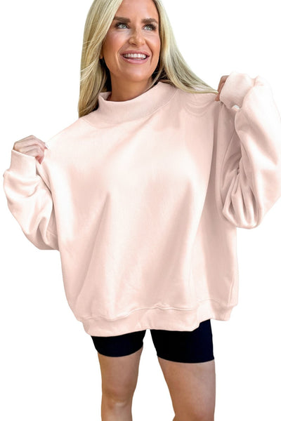 Women's Oversized Apricot Pink Embroidered Mock Neck Sweatshirt