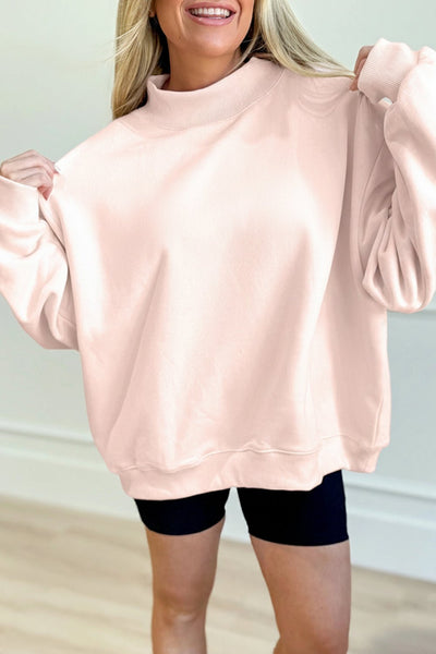 Women's Oversized Apricot Pink Embroidered Mock Neck Sweatshirt