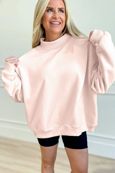 Women's Oversized Apricot Pink Embroidered Mock Neck Sweatshirt