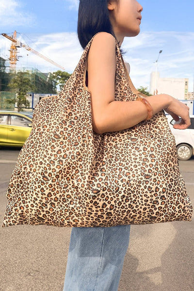 Women's Oversized Mustard Leopard Print Foldable Tote Bag