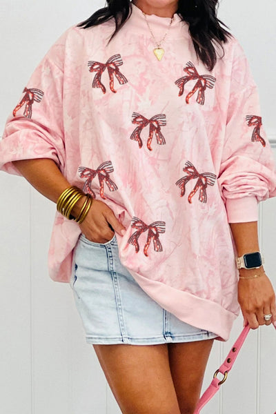 Women's Oversized Pink Tie-Dye Sequin Bow Sweatshirt