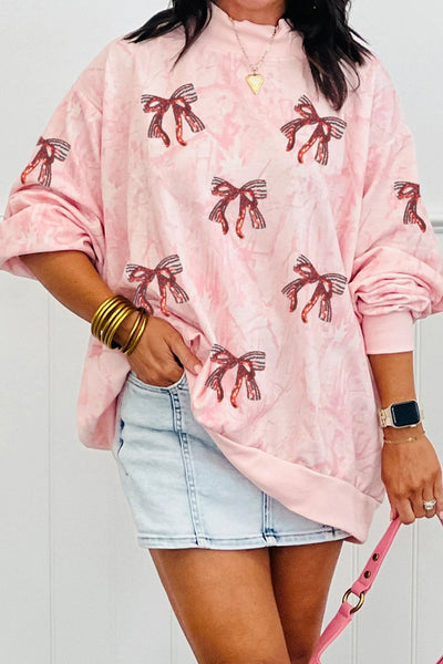 Women's Oversized Pink Tie-Dye Sequin Bow Sweatshirt