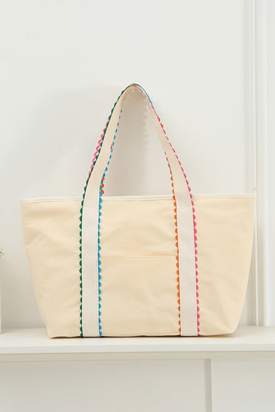 Women's Oversized Ricrac Trim Canvas Tote Bag in Natural White