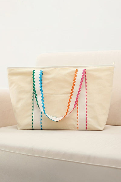 Women's Oversized Ricrac Trim Canvas Tote Bag in Natural White