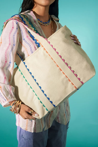 Women's Oversized Ricrac Trim Canvas Tote Bag in Natural White