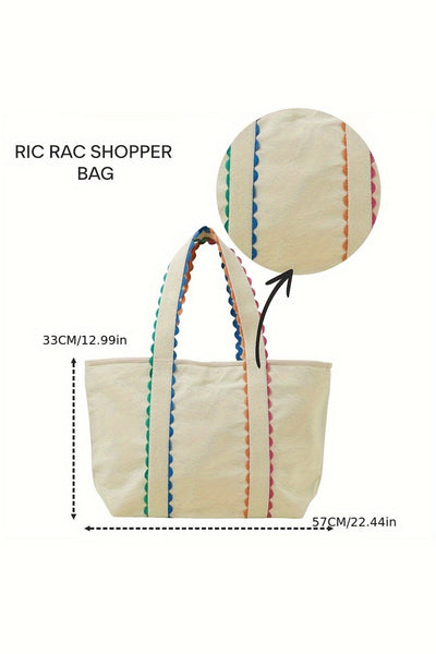 Women's Oversized Ricrac Trim Canvas Tote Bag in Natural White