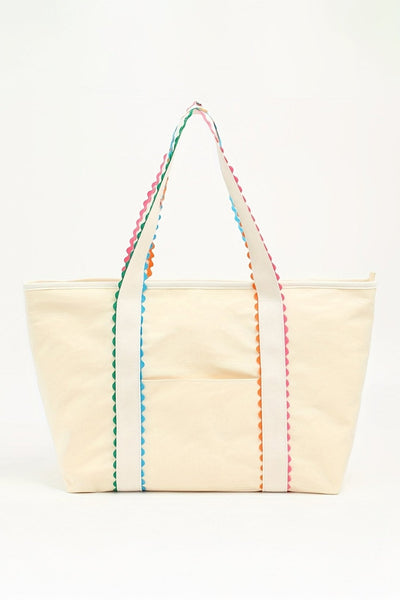 Women's Oversized Ricrac Trim Canvas Tote Bag in Natural White