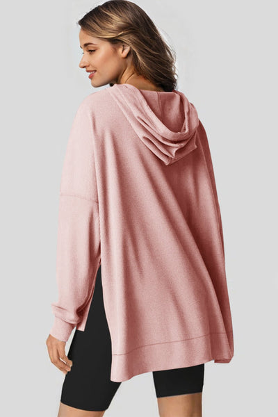 Women's Oversized Rose Waffle Knit Fleece Hoodie with High-Low Hem