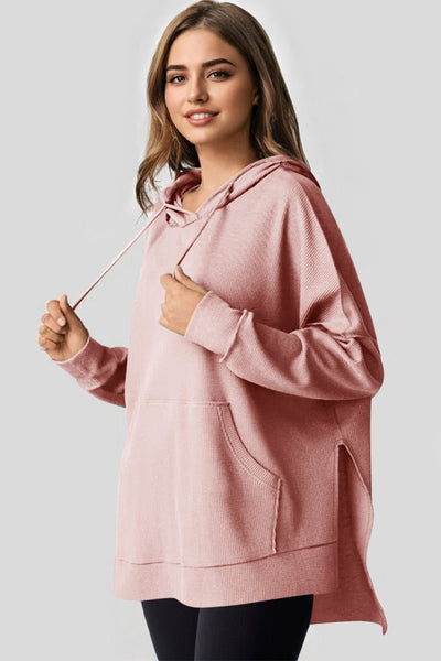 Women's Oversized Rose Waffle Knit Fleece Hoodie with High-Low Hem