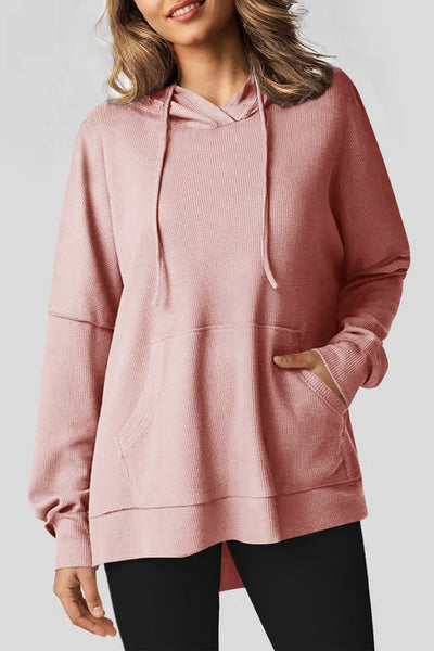 Women's Oversized Rose Waffle Knit Fleece Hoodie with High-Low Hem
