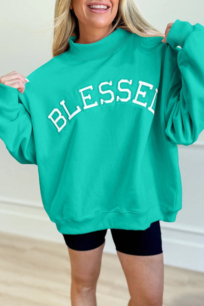 Women's Oversized Sea Green 'Blessed' Mock Neck Sweatshirt