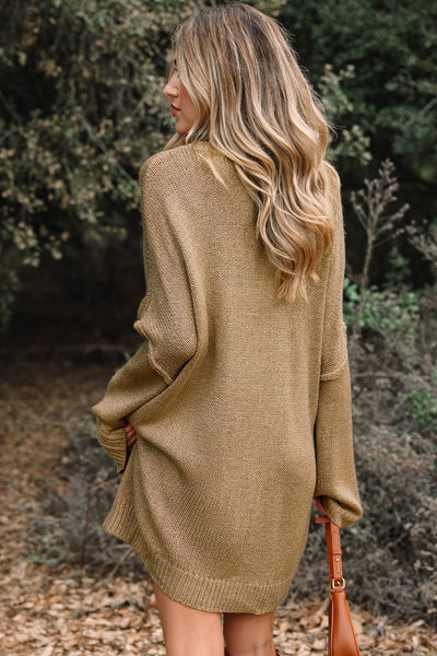 Women's Pale Khaki Oversized Knit Sweater Dress with Exposed Seams
