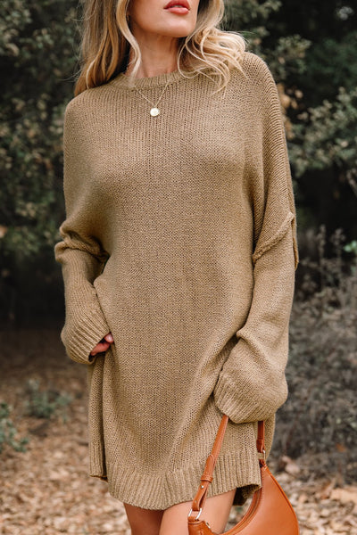 Women's Pale Khaki Oversized Knit Sweater Dress with Exposed Seams