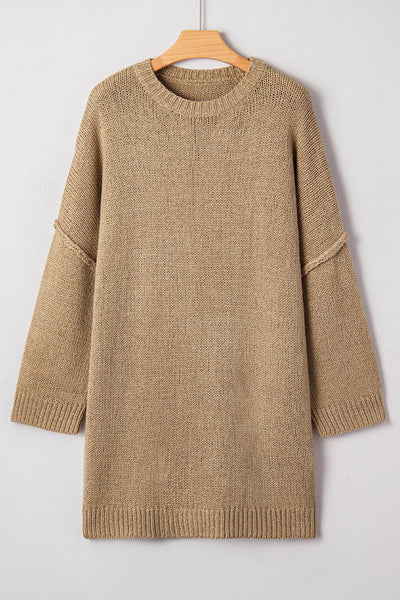 Women's Pale Khaki Oversized Knit Sweater Dress with Exposed Seams