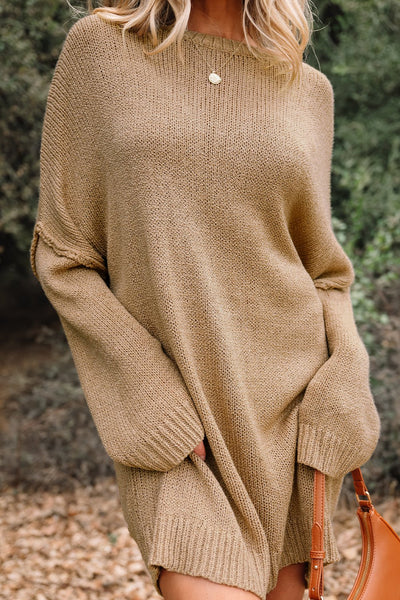 Women's Pale Khaki Oversized Knit Sweater Dress with Exposed Seams