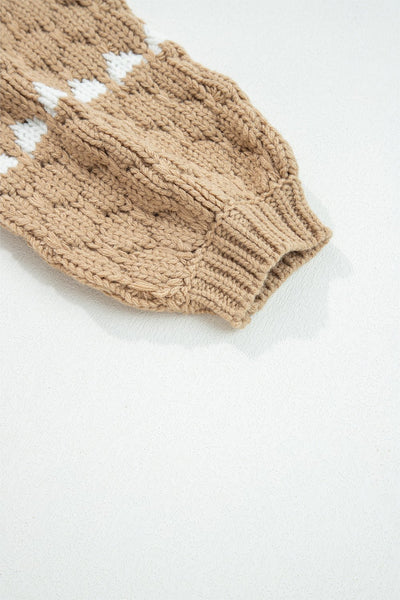 Women's Pale Khaki Textured Puff Sleeve Crew Neck Sweater