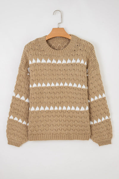 Women's Pale Khaki Textured Puff Sleeve Crew Neck Sweater