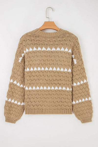 Women's Pale Khaki Textured Puff Sleeve Crew Neck Sweater