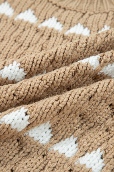 Women's Pale Khaki Textured Puff Sleeve Crew Neck Sweater