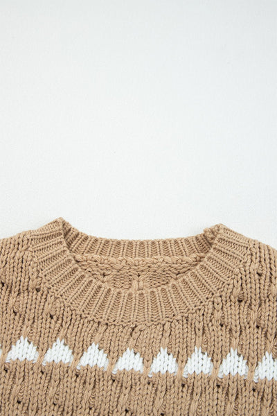 Women's Pale Khaki Textured Puff Sleeve Crew Neck Sweater