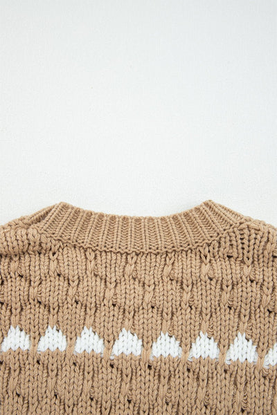 Women's Pale Khaki Textured Puff Sleeve Crew Neck Sweater