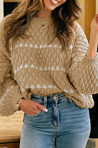 Women's Pale Khaki Textured Puff Sleeve Crew Neck Sweater